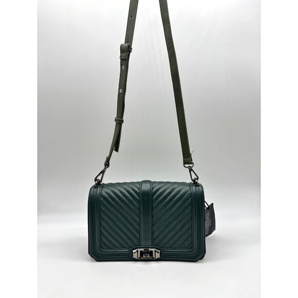 REBECCA MINKOFF Chevron quilted leather Love small crossbody bag GREEN-NEW STRAP - Picture 1 of 15